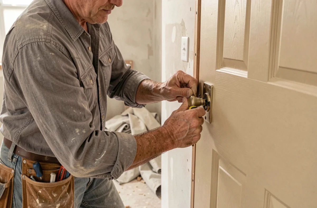 Artisan installant un mécanisme de poignée simple sur une porte intérieure en bois lors de travaux de rénovation