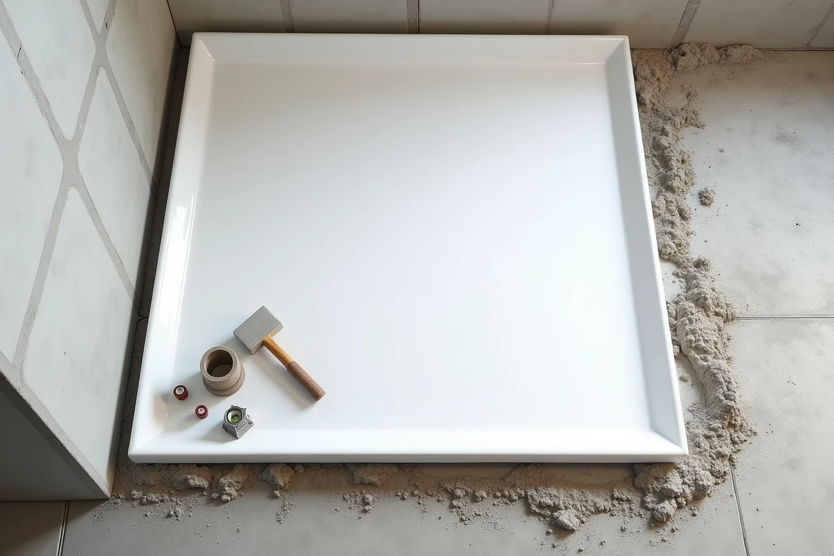 Vue plongeante sur la mise en place d'un receveur de douche extra plat sur lit de mortier avec outils de pose et niveau à bulle