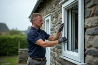 Artisan posant une structure de véranda en aluminium blanc sur une maison en pierre bretonne dans le Trégor