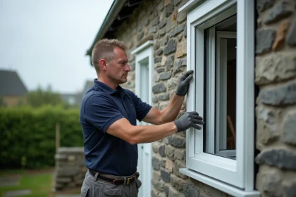 Artisan posant une structure de véranda en aluminium blanc sur une maison en pierre bretonne dans le Trégor
