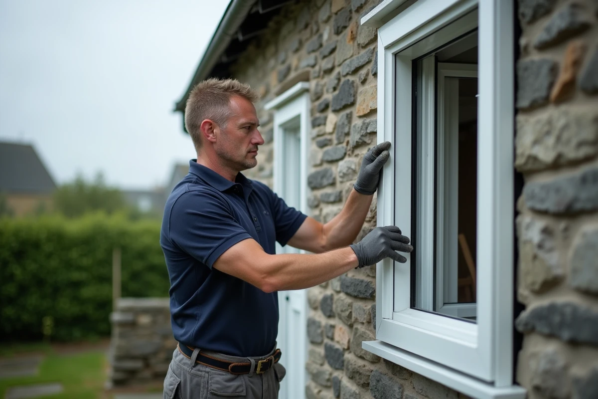 Artisan posant une structure de véranda en aluminium blanc sur une maison en pierre bretonne dans le Trégor