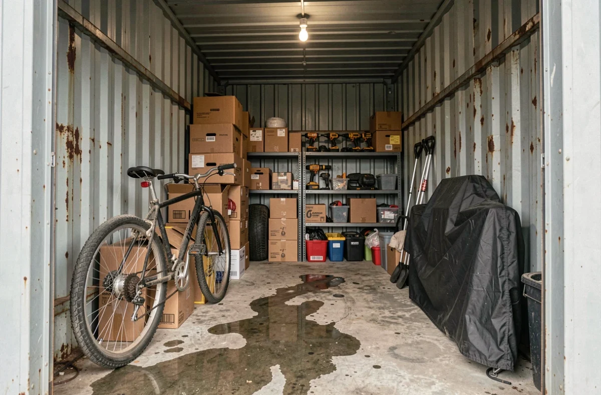 Intérieur d'un box garage encombré avec vélo, outillage et cartons illustrant les biens à assurer