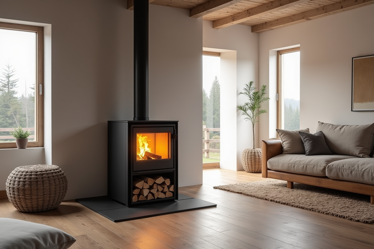 Intérieur scandinave avec poêle à bois et bois de chauffage