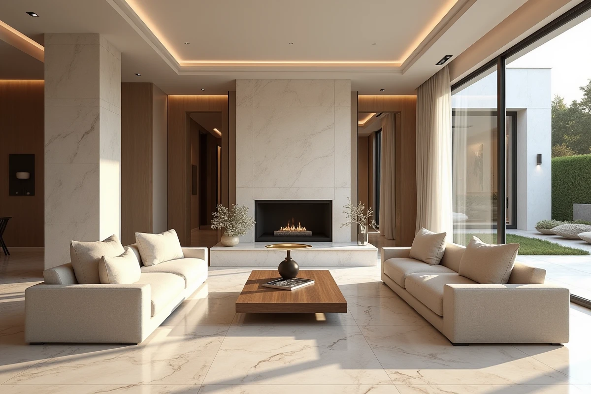 Intérieur raffiné d'une villa haut de gamme avec marbre, cheminée en travertin et salon minimaliste luxueux
