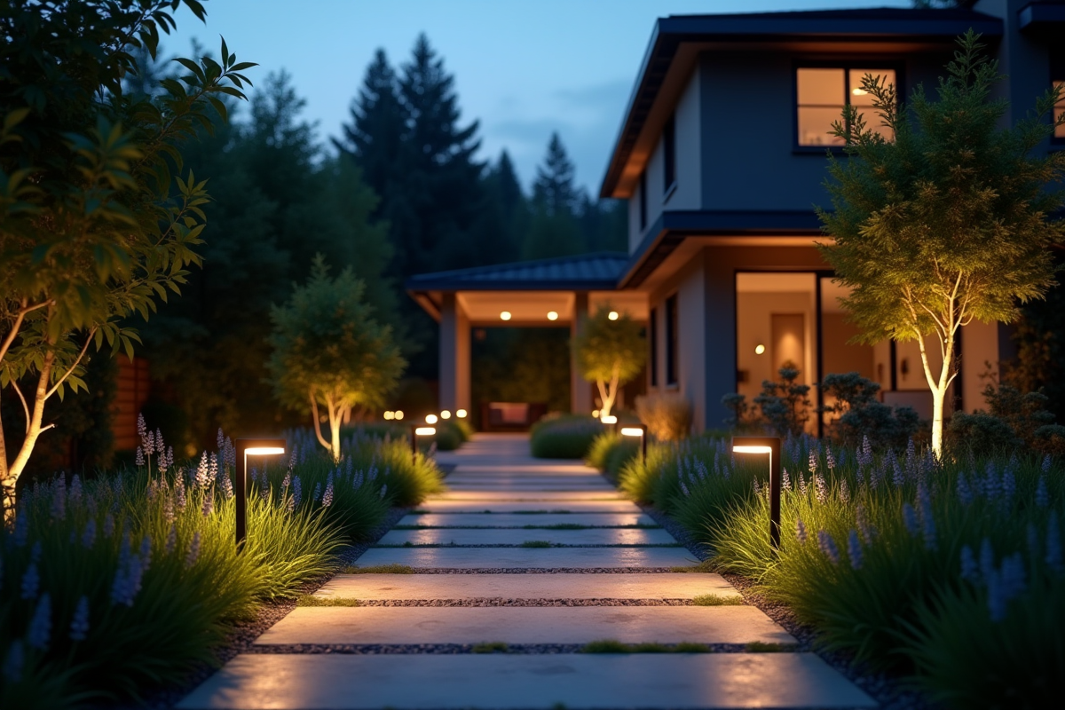 Jardin moderne éclairé par des LED économes en énergie au crépuscule