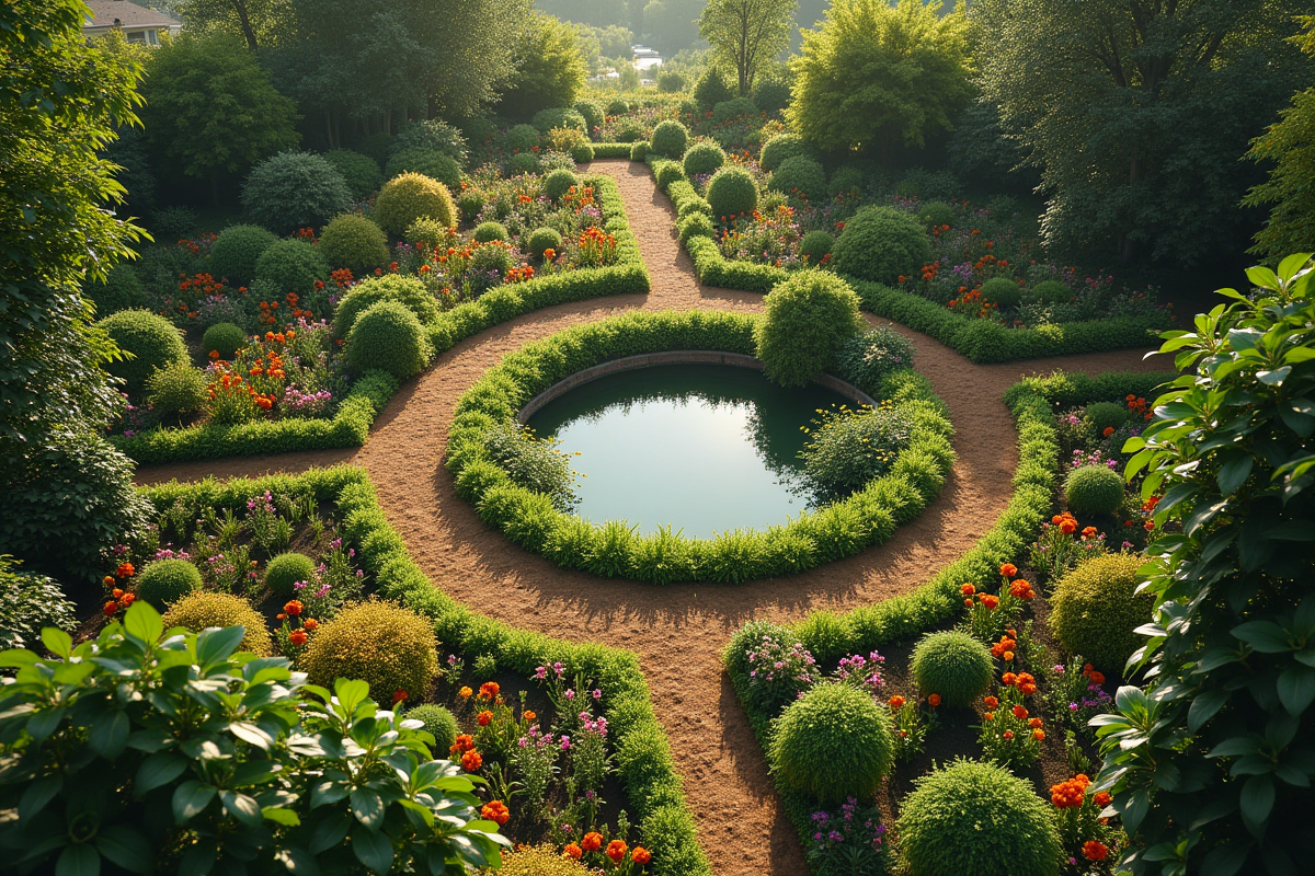 Jardin permaculture en mandala avec arbres et bassin vu du dessus