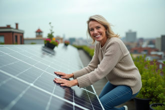 Femme souriante dans un jardin sur le toit avec panneaux solaires
