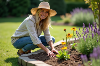 Femme souriante en jardinage avec chapeau en paille