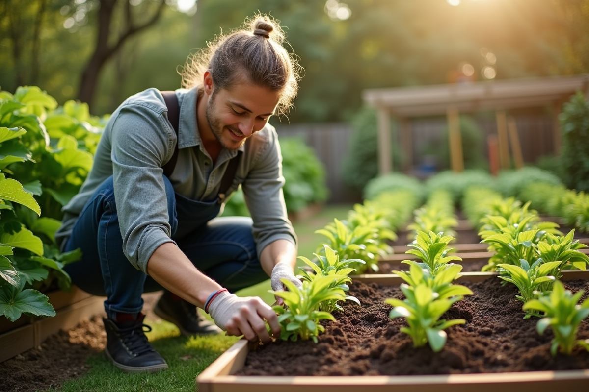 Jardinier débutant plantant jeunes légumes dans un jardin ensoleille