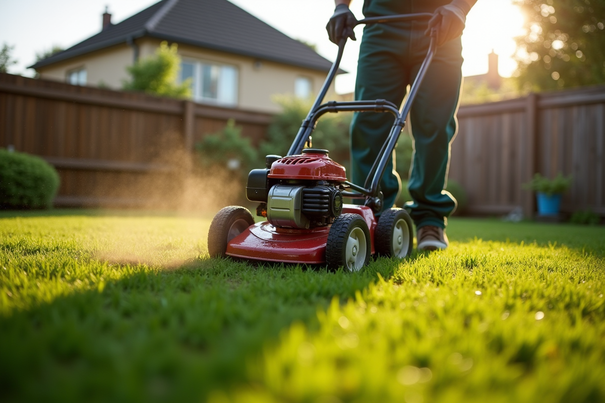 Jardinier utilisant une scarificateuse sur une pelouse humide en matinée