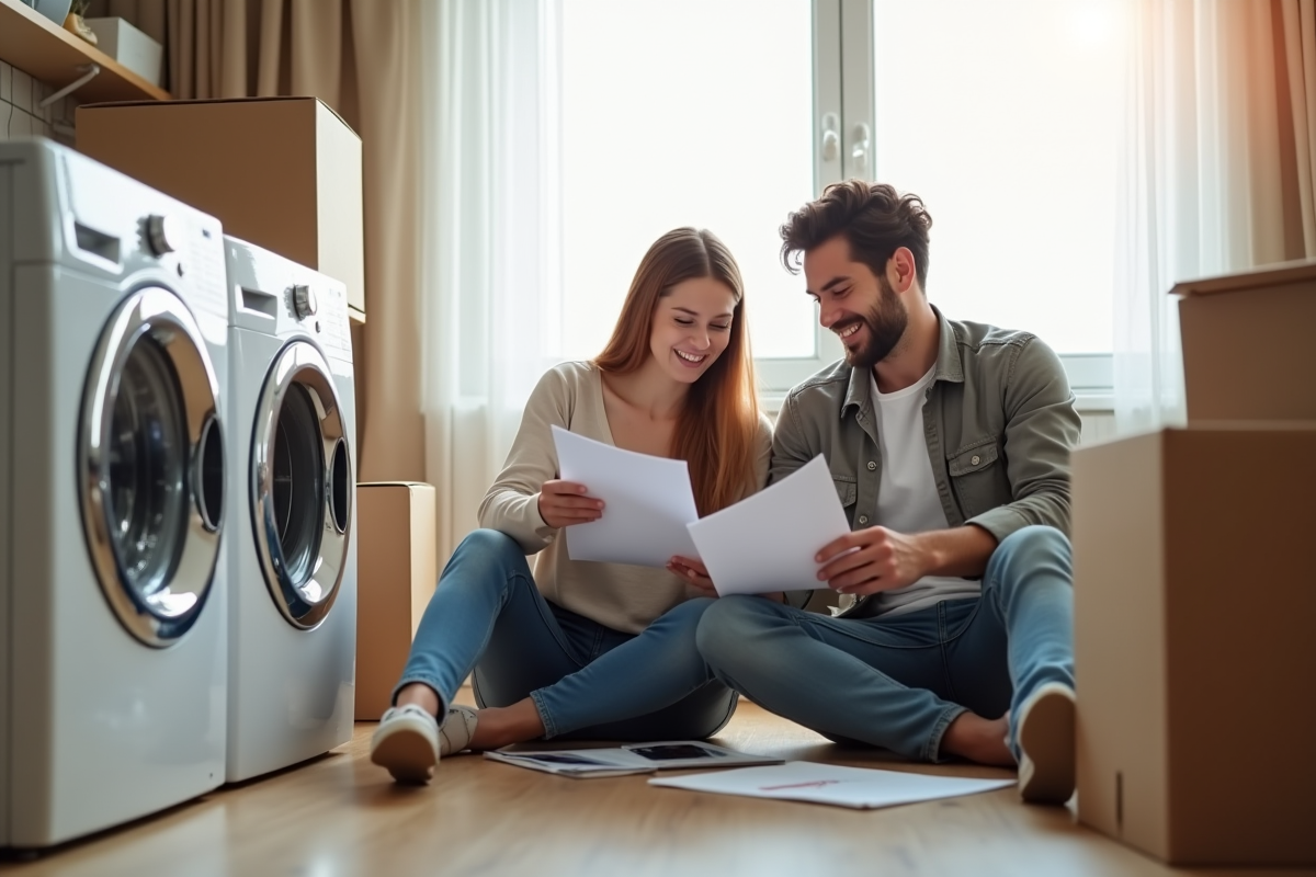 Jeune couple déballant un lave-linge dans leur appartement lumineux