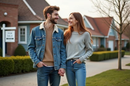 Jeune couple souriant devant une maison &agrave; vendre