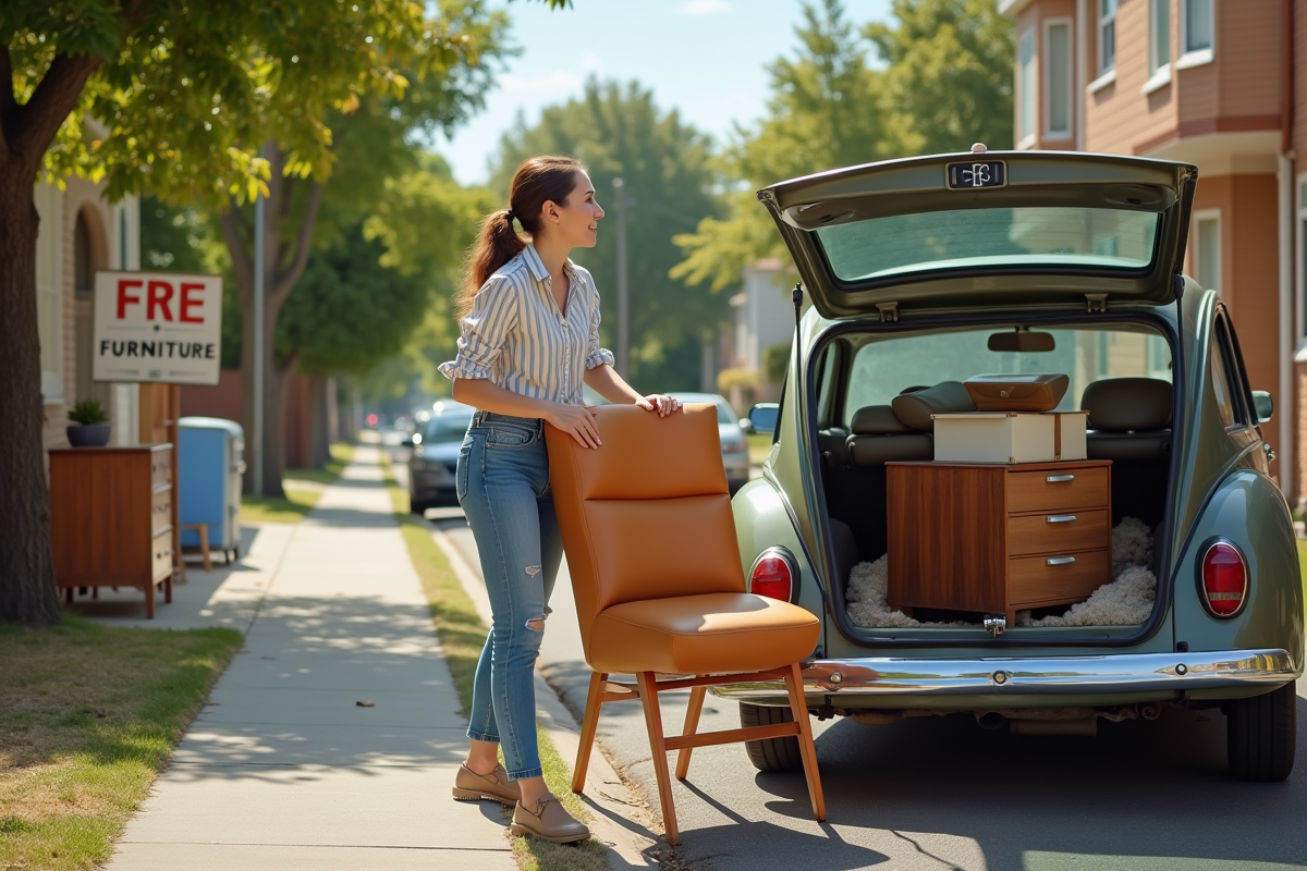 Jeune femme souriante charge un fauteuil dans sa voiture sur une rue ensoleillee