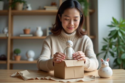 Jeune femme emballant une figurine en porcelaine avec soin