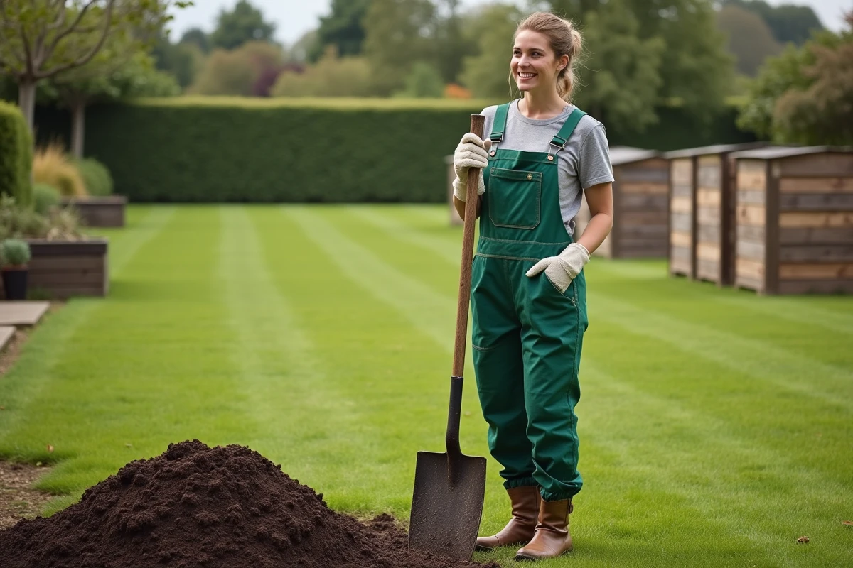 Jeune femme en overalls verts tenant une fourche près du compost