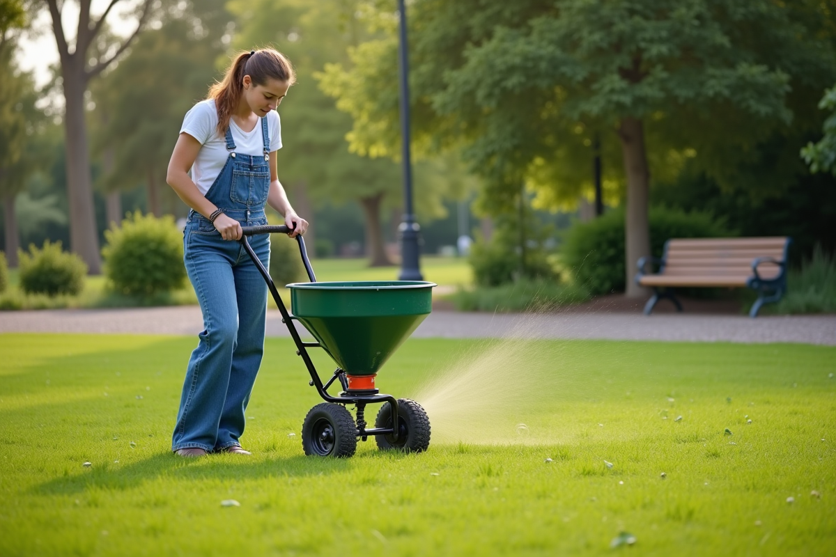 Jeune femme utilisant un épandeur pour fertiliser la pelouse