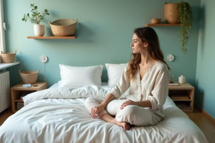 Jeune femme en lounge en lin dans un studio apaisant
