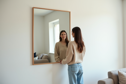 Jeune femme regardant son reflet dans un miroir moderne