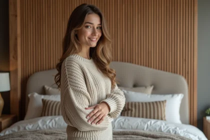 Jeune femme pr&egrave;s d&rsquo;un mur en bois dans une chambre moderne