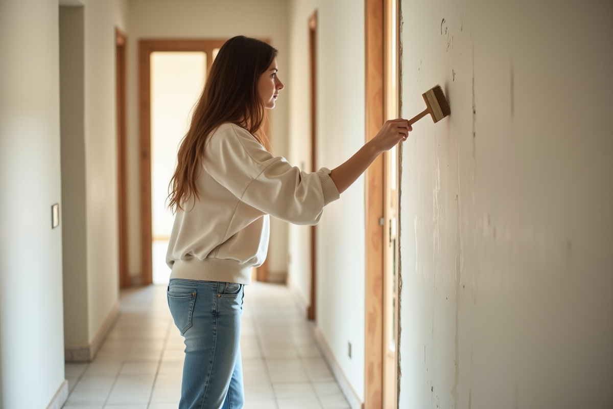 Jeune femme appliquant la dernière couche de plâtre sur un mur intérieur