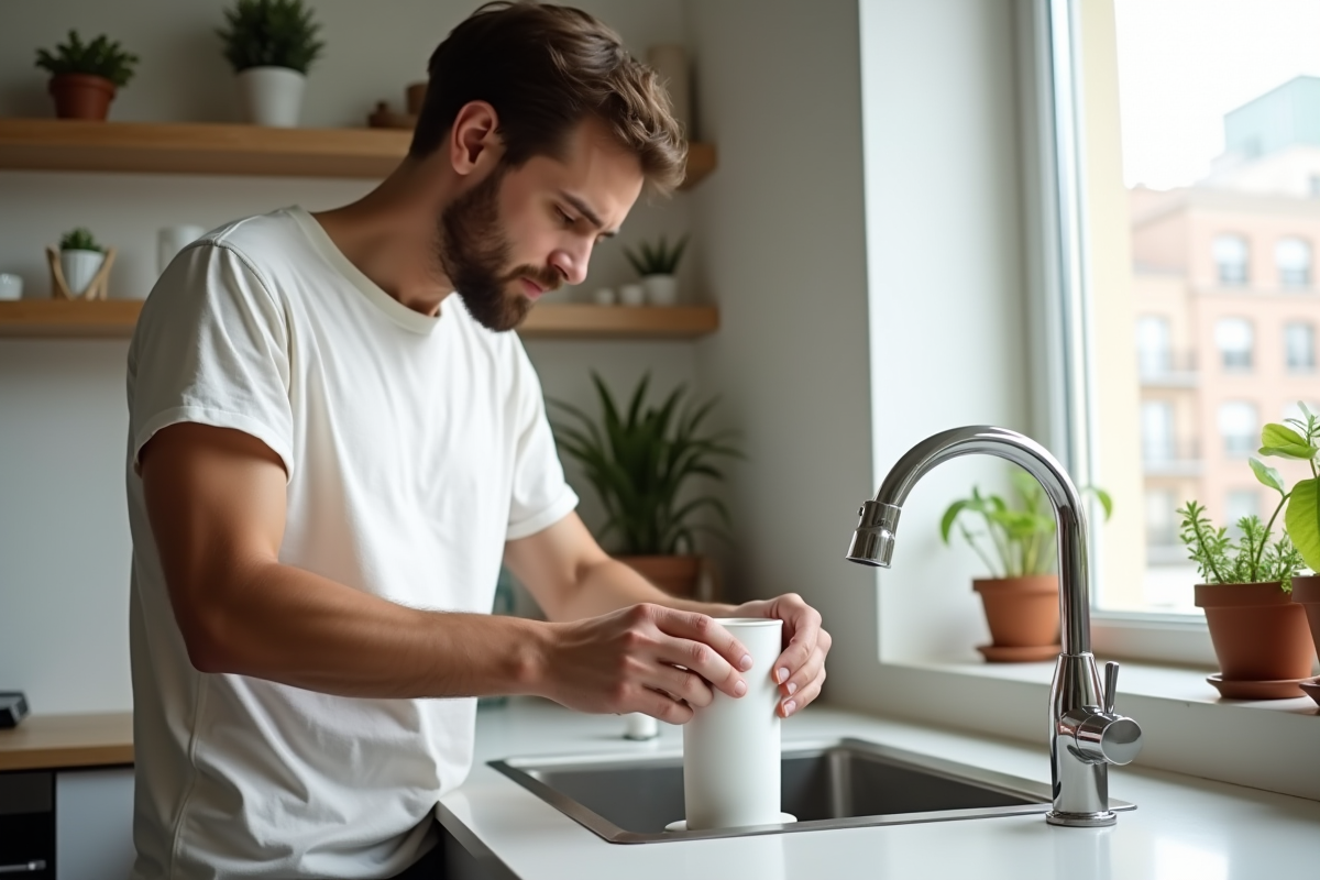Jeune homme assemblant un filtre à eau dans un appartement lumineux