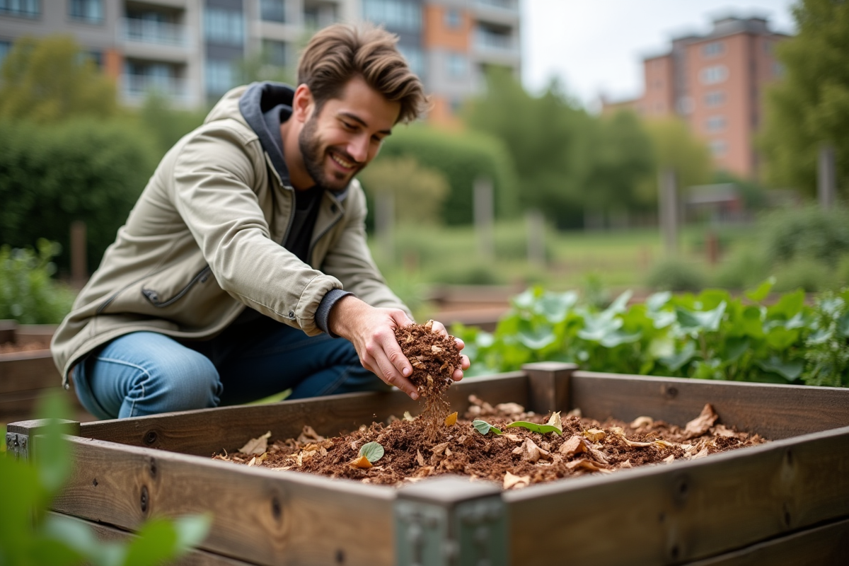 Jeune homme ajoutant des feuilles dans compost urbain