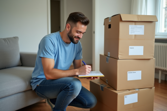 Jeune homme en bleu note les cartons de déménagement