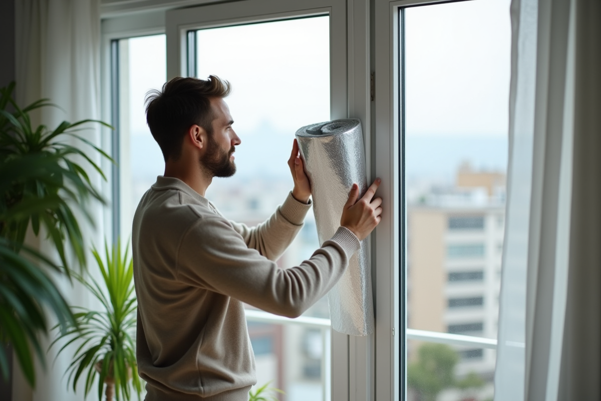 Jeune homme installant film isolant sur la fenêtre
