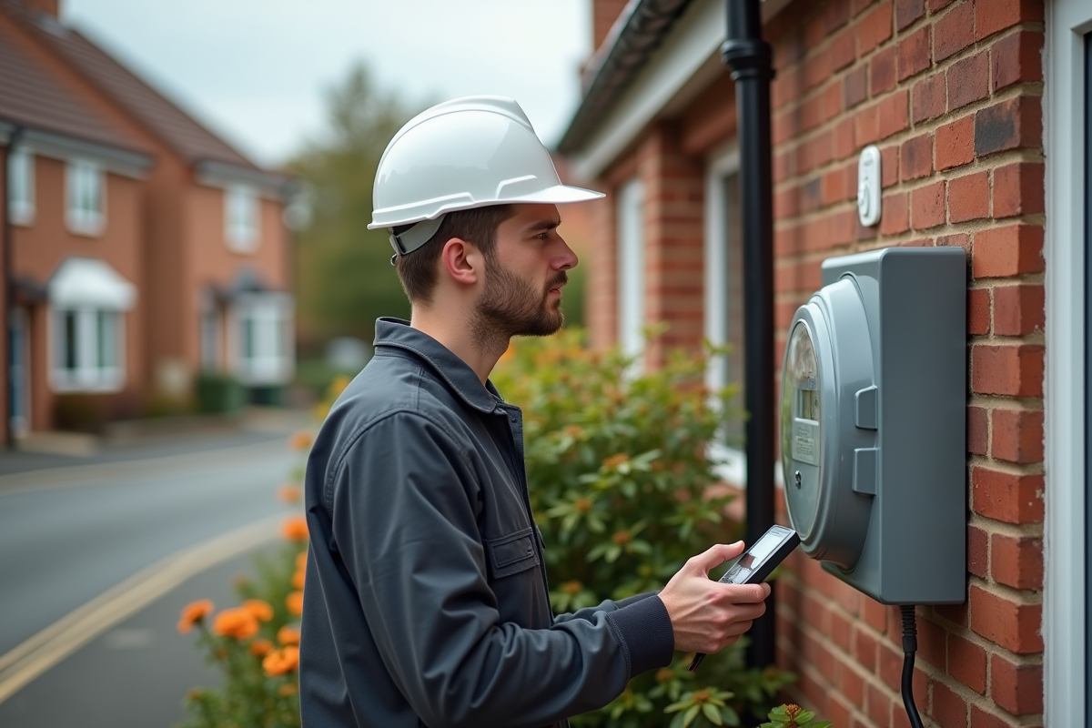Jeune homme vérifie un compteur électrique devant une maison
