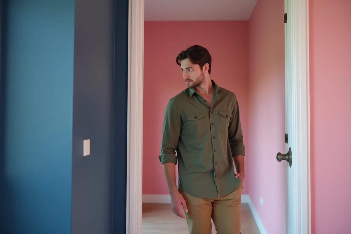 Jeune homme tapant un couloir bicolore en bleu et rose