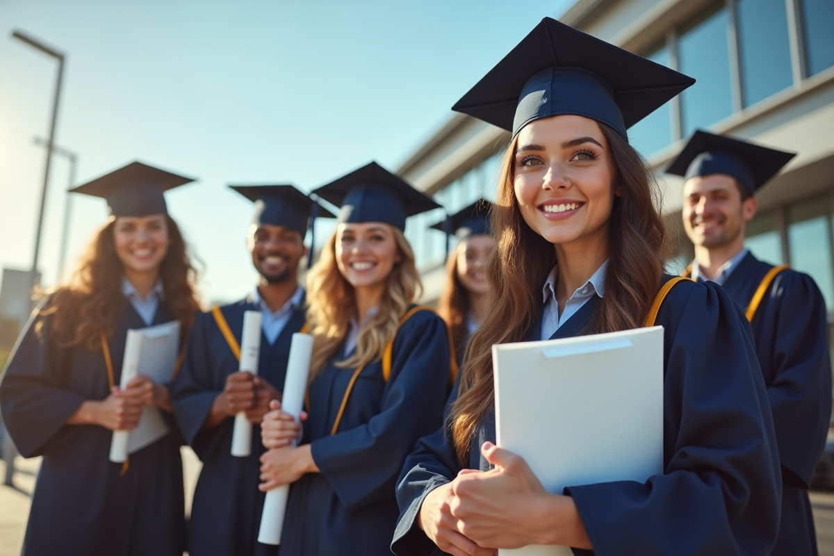 groupe de jeunes diplômés en uniforme devant un centre de formation