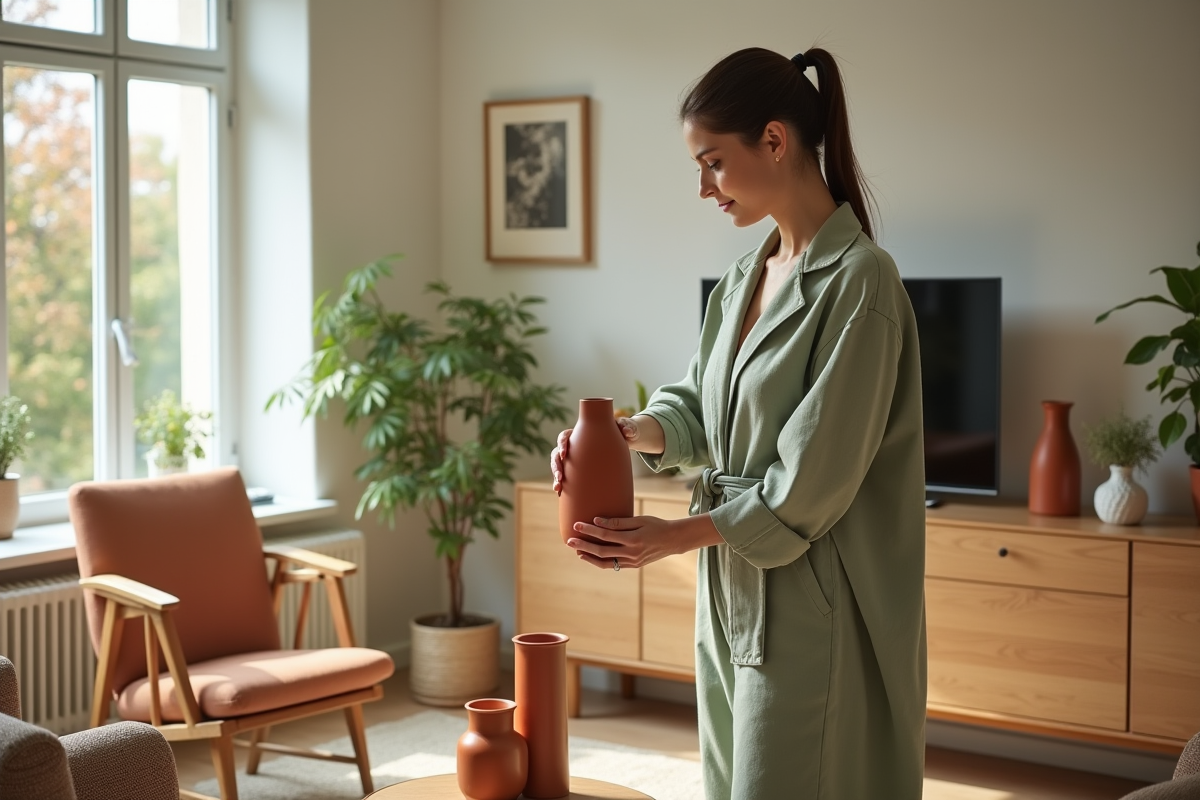 Femme en jumpsuit vert sage arrangeant des vases en céramique