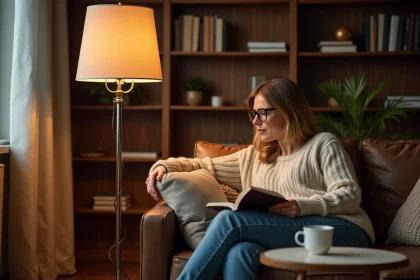 Lampadaire halogène pied dimmable allumé dans un salon cosy avec une femme qui lit sur un canapé en cuir