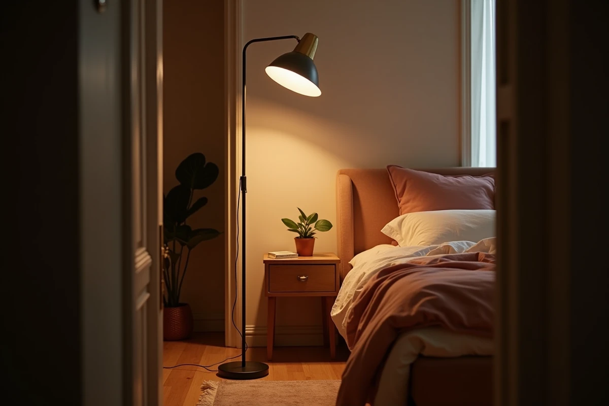 Lampadaire halogène torchère en laiton avec pédale variateur dans une chambre cosy aux tons chauds
