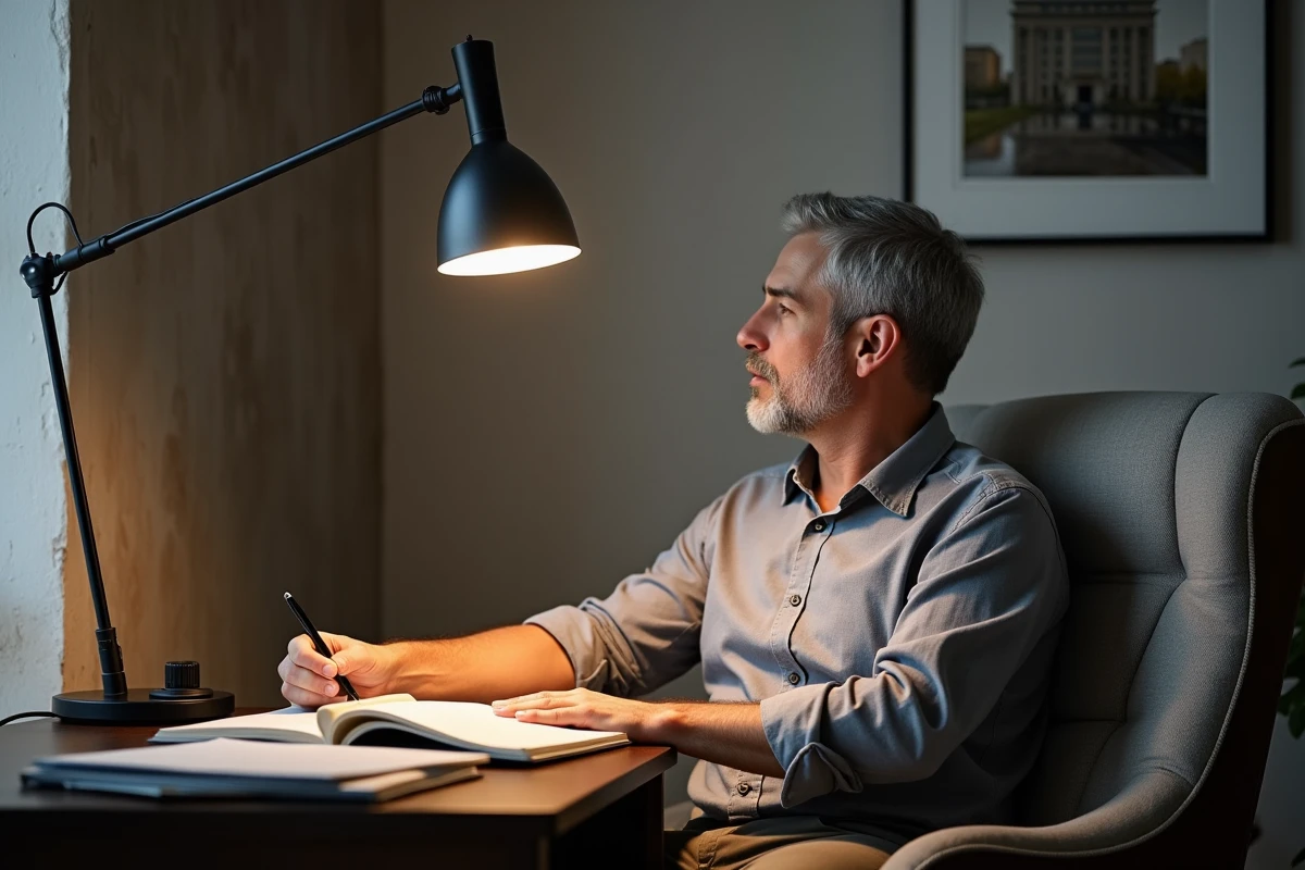 Lampadaire halogène pied avec variateur dans un bureau à domicile moderne et intimiste