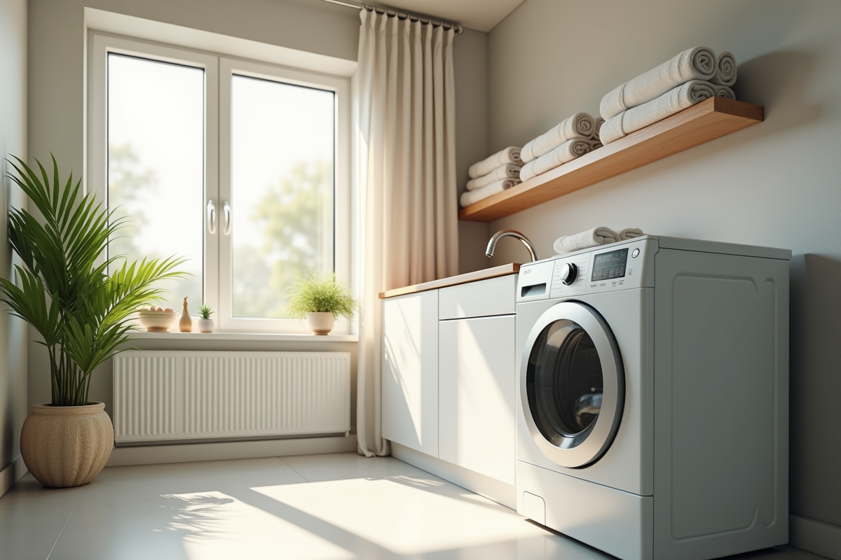 Laverie moderne avec lave-linge séchant en fonctionnement dans une pièce lumineuse