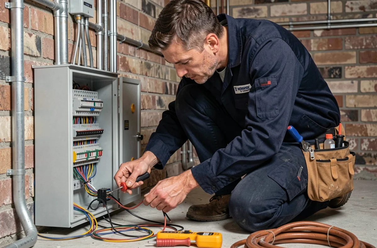 Électricien de LEE L'Entreprise Electrique câblant un tableau électrique dans une maison vosgienne rénovée
