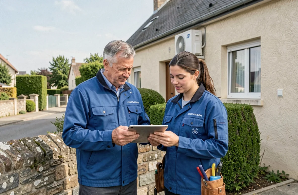 Équipe de climaticiens Les Bons Artisans consultant une tablette devant une maison en Centre-Val de Loire