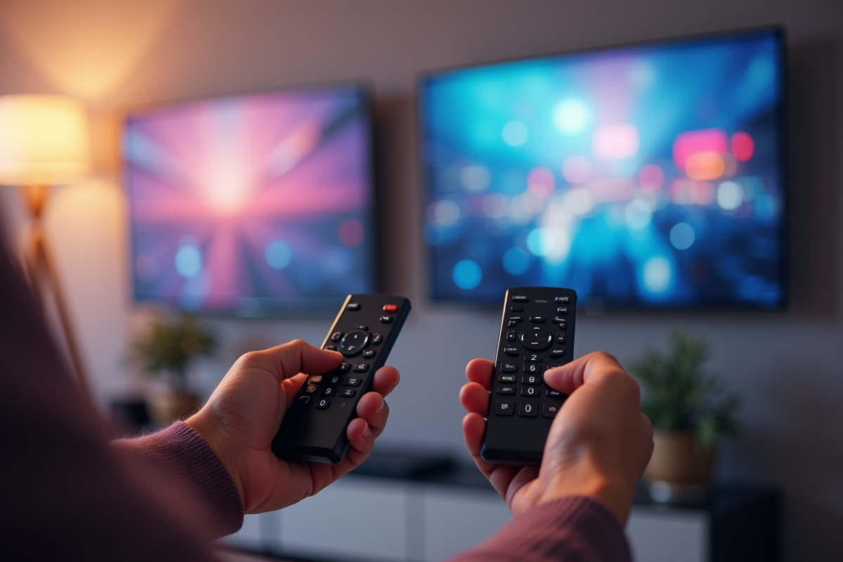 Mains tenant deux télécommandes devant des écrans ultra fins