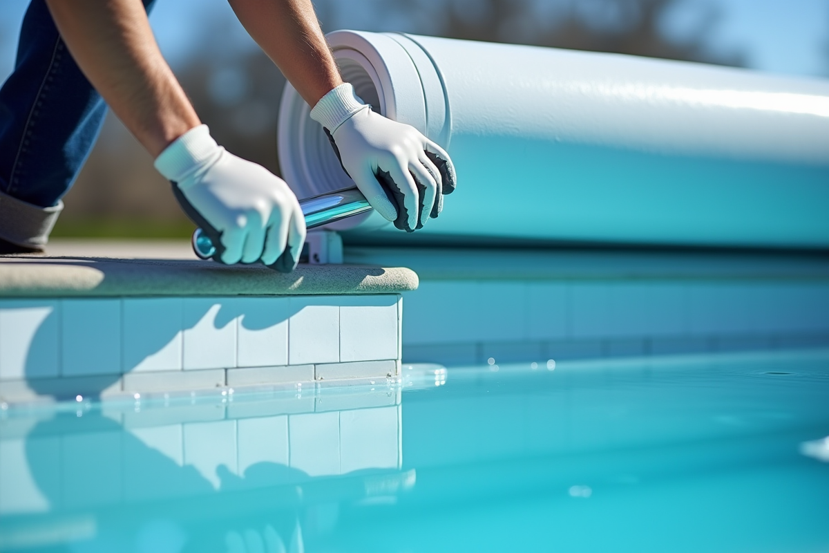 Personne installant une protection hivernale pour piscine