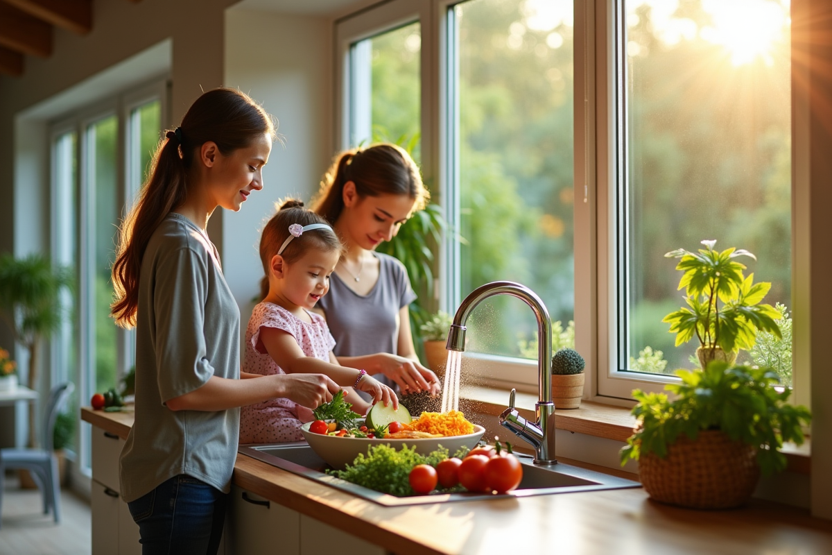 Cuisine moderne d'une maison bioclimatique avec famille utilisant un robinet basse consommation