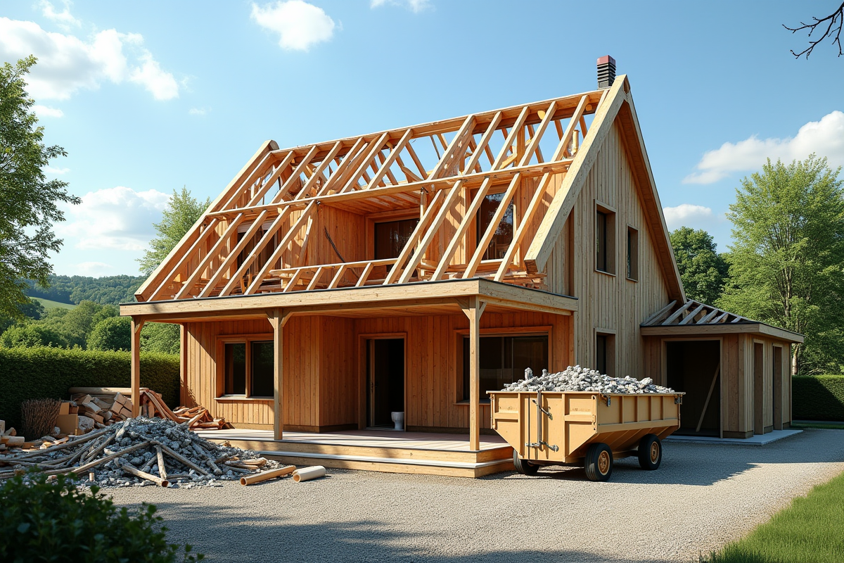 Maison avec toiture partiellement démontée et débris dans la cour