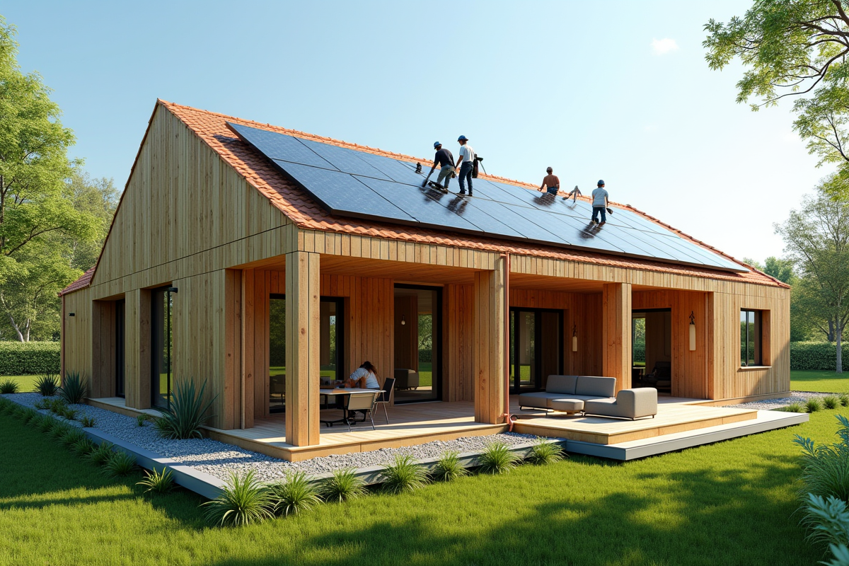 Maison écologique en construction avec panneaux solaires