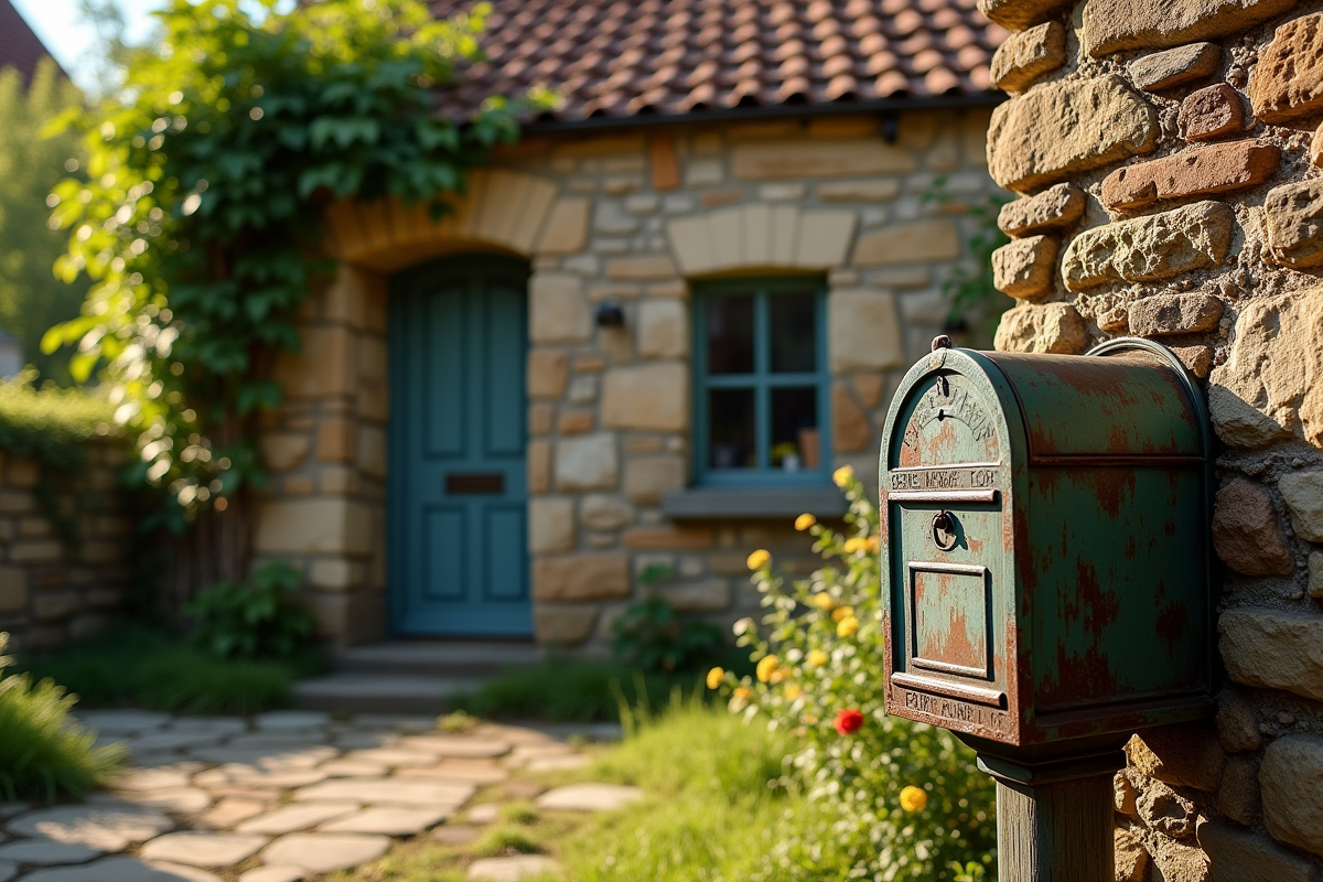 Ancienne maison en pierre avec lierre et boîte aux lettres vintage