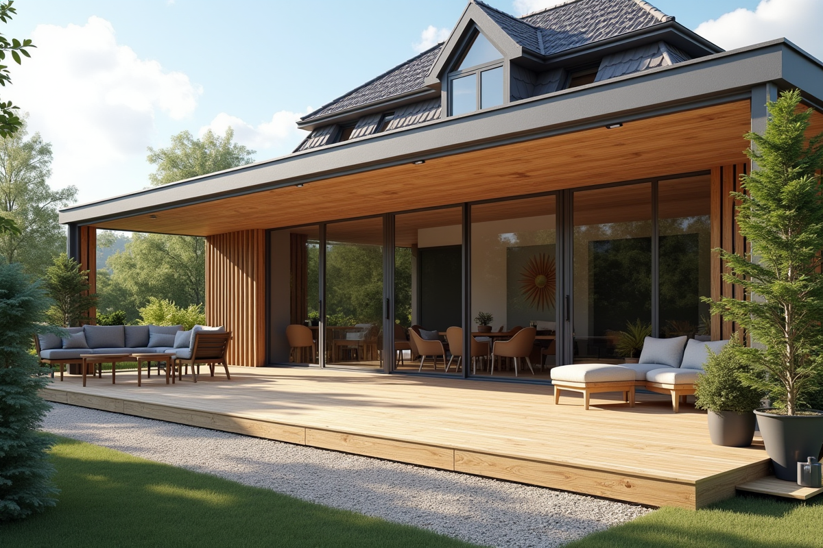 Maison moderne avec grande terrasse en bois et portes coulissantes