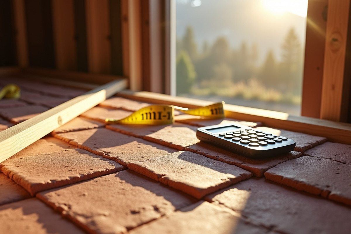 Détail des matériaux de toiture avec mètre ruban et calculatrice