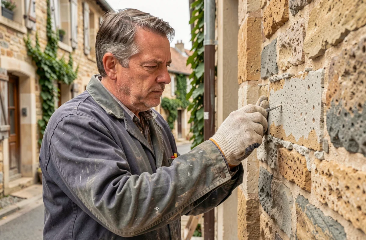 Maçon M.C.R effectuant des travaux de jointoyage sur une façade en pierre d'une maison de village à Sainte-Colombe