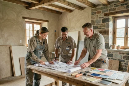 Équipe de rénovation professionnelle examinant des plans dans une maison vosgienne en cours de travaux