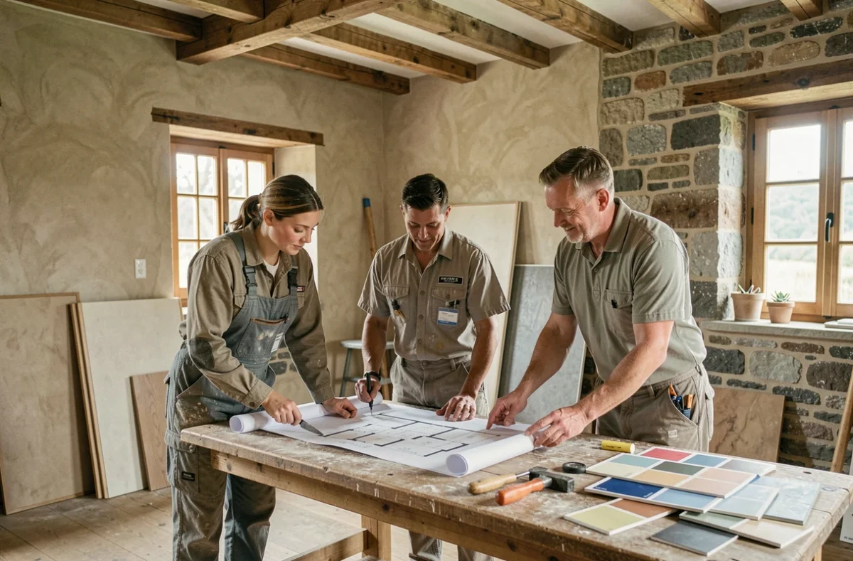 Équipe de rénovation professionnelle examinant des plans dans une maison vosgienne en cours de travaux