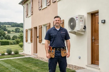 Technicien en climatisation en Centre-Val de Loire devant une maison avec unité extérieure installée